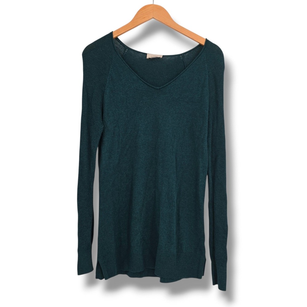 Loft Outlet Womens V-Neck Sweater Dark Teal Green Textured Raglan Sleeve Smallll